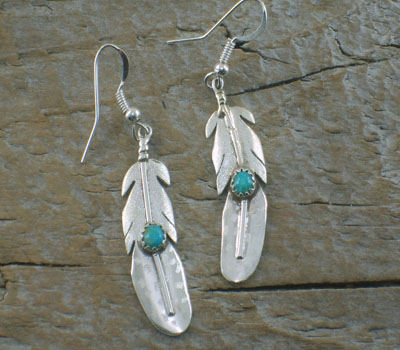 Feather Earrings Native American Silver & Blue Turquoise